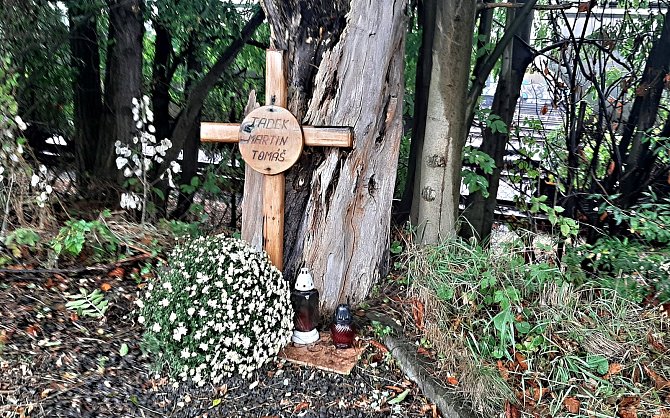 Takto vypadá v říjnu 2023 místo, kde 4. října 2003 v noci zahynuli při srážce s autem opilého podnikatele Zdeňka Bulawy tři českotěšínští policisté. U stromu, na který bylo auto vymrštěno, je křížek se jmény obětí nehody.