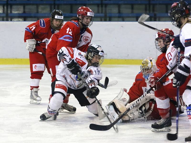 Karvinské hokejistky (v bílém) proti Slavii.