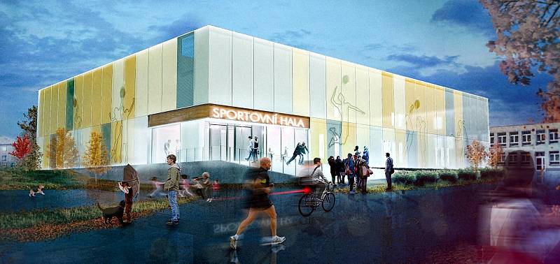 Vizualizace sportovní haly, kterou chce obec postavit u základní školy.