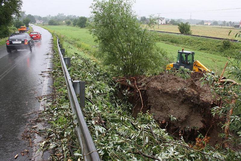 Silný vítr vyvracel i statné stromy. Poškozeny byly také silnice a střechy domů.