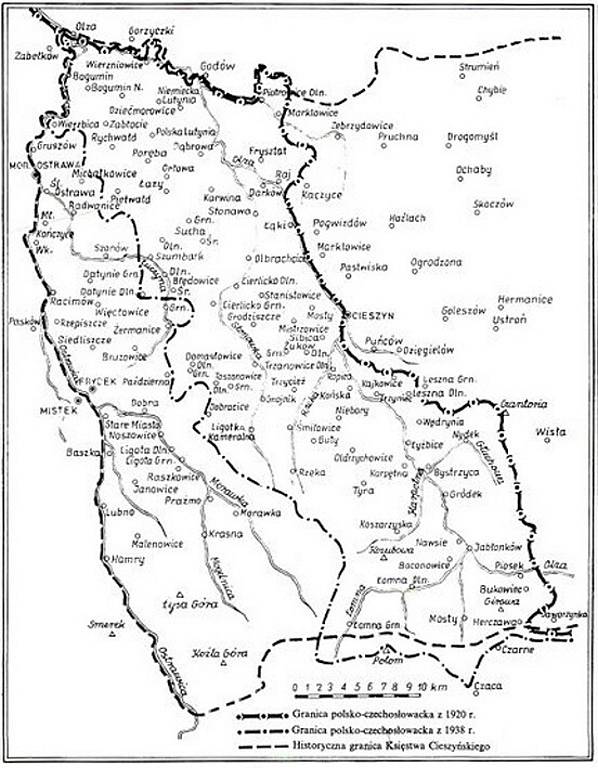 Mapa takzvaného Zaolší. Polskem anektovaná východní část českého Těšínska