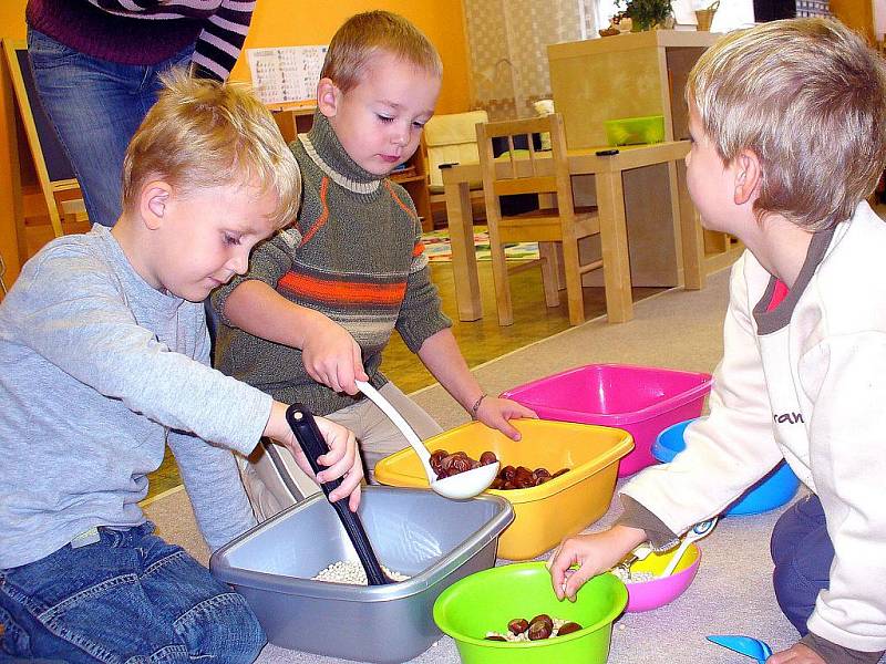 Děti z MŠ Masarykovy sady si zkoušejí montessori pomůcky během dne otevřených dveří v českotěšínském Montessori centru. 