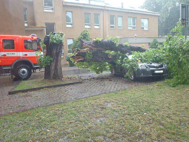 Během průtrže mračen spadl po zásahu blesku vzrostlý strom na zaparkované vozidlo Toyota Avensis v nemocničním areálu.