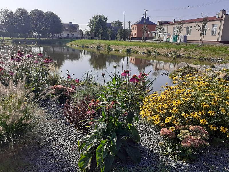 Náves ve Služovicích a zrevitalizovaný rybník.