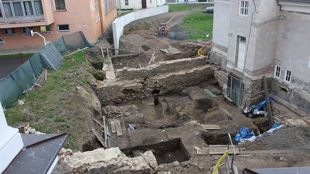 Archeologové odkryli parkánovou zeď (vlevo v popředí) a také hlavní hradební zeď (příléhající k Müllerovu domu).