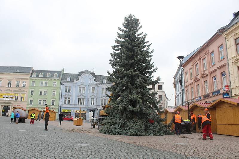 Stavění vánočního stromu na Dolním náměstí v Opavě.