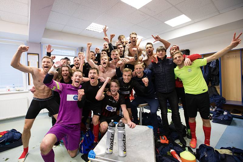 Semifinále fotbalového poháru MOL Cup mezi FK Mladá Boleslav a SFC Opava v Mladé Boleslavi 26. dubna. Hráči SFC Opava slaví postup do finále poháru.