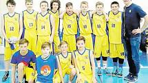 BK Opava U14. Horní řada zleva: 12 Jan Mráz, 13 Dan Myšák, 14 Matěj Šesták, 9 Vojta Radoš, 15 Marek Štoller, 19 Filip Šanda, 16 Vojta Kroča, 18 Dan Kreisel. Dolní řada zleva: 11 Dan Gebauer, 4 Rýša Janoš, 8 Filip Maschke, 5 Michal Arleth.