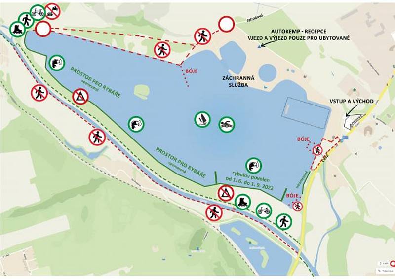 Mapa areálu Hlučínského jezera na sezonu 2022 pro rybáře.