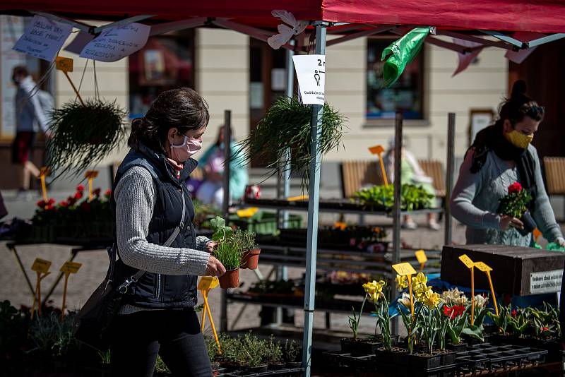 Farmářské trhy na Dolním náměstí v Opavě, 22. dubna 2020.