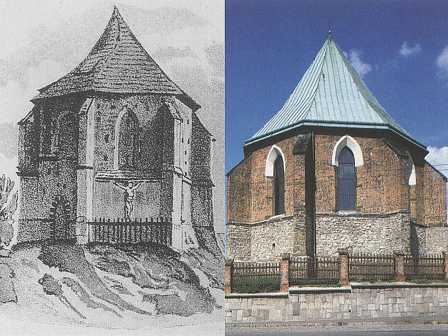 Podoba kaple z doby před rokem 1840 a ta současná.