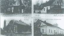 DOMY v obci, fotografie pořízena v roce 1910. Vlevo nahoře dřevěný kostel, postaven v roce 1730. Vpravo nahoře je základní škola, postavena v roce 1940. Vlevo dole je dům rodiny Jana Buchty, postaven v roce 1900, nyní zrekonstruován. Vpravo dole hostinec 