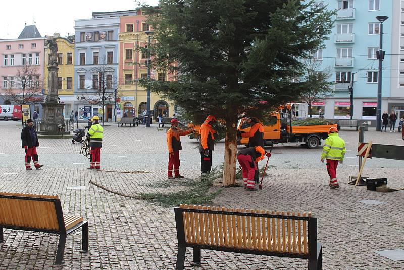 Instalace jedle obrovské na Dolním náměstí, středa 18. listopadu 2020.