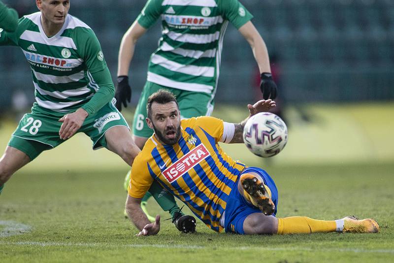 Opava - Dohrávka zápasu 14. kola FORTUNA:LIGY mezi Bohemians Praha 1905 a SFC Opava 27. ledna 2021. Jan Žídek (SFC Opava).