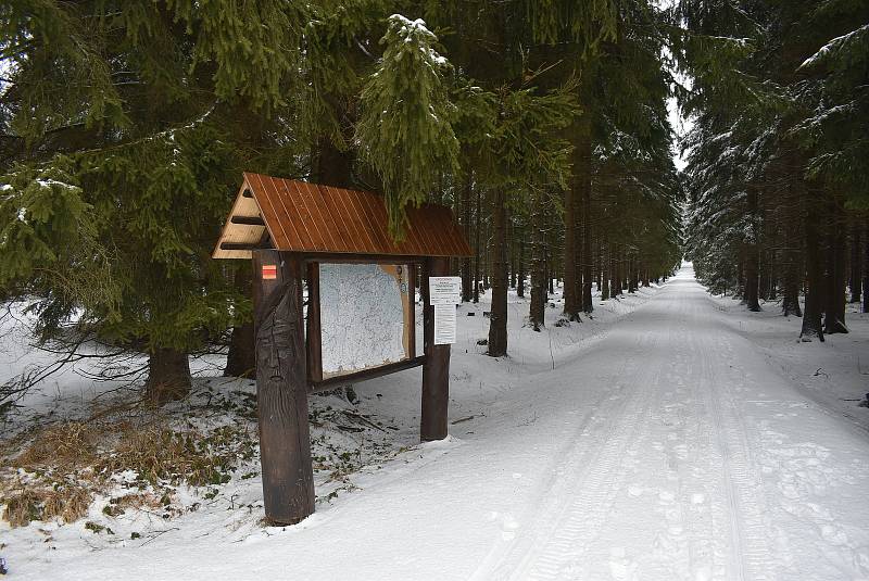 Skřítek, 13. března 2021. Za běžné situace by  byl rájem běžkařů. Policisté zastavují auta, která přejíždějí hranici mezi okresy Šumperk a Bruntál.