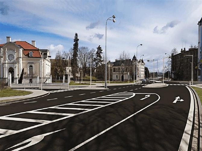 Vizualizace ukazuje nové řešení křižovatky Říčního okruhu, Svatováclavské a Šmeralovy ulice v centru Krnova.