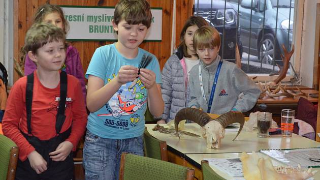 Mladí přírodovědci z Břidličné na přednášce ve výukové místnosti pro děti na Okresním mysliveckém spolku v Bruntále.