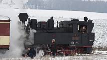 Parní lokomotiva v zasněžené krajině je atrakce, kterou osoblažská úzkokolejka nabízí jen jednou do roka.