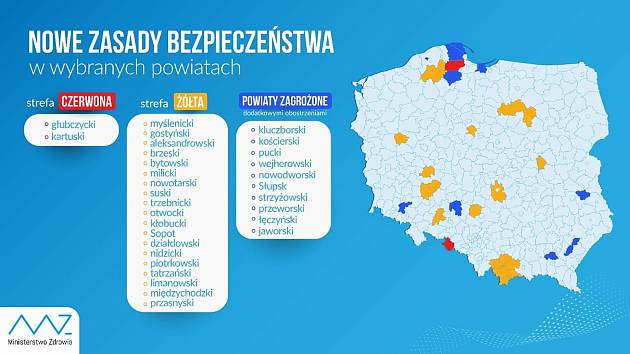 Na mapě Polska je nejhorší koronavirová situace v poviatu Hlubčice, který sousedí s Osoblažskem, Krnovskem a Opavskem. Už byl zařazen do červené zóny.