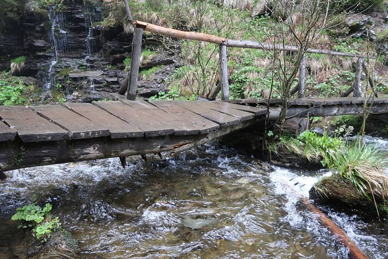 Žlutě značená turistická stezka kolem Bílé Opavy byla uzavřená kvůli opravám lávek a chodníků. Ty poničila hlavně vysoká sněhová pokrývka. Modrá stezka funguje bez omezení.  Foto: Správa CHKO Jeseníky