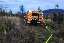 Zásah hasičů u požáru lesa u Nových Heřminov, 29. října 2022.