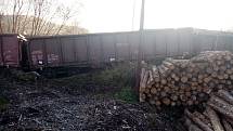 Nákladní vagony se dřevem vykolejily ve Vrbně pod Pradědem  v pondělí 14. listopadu 2022.