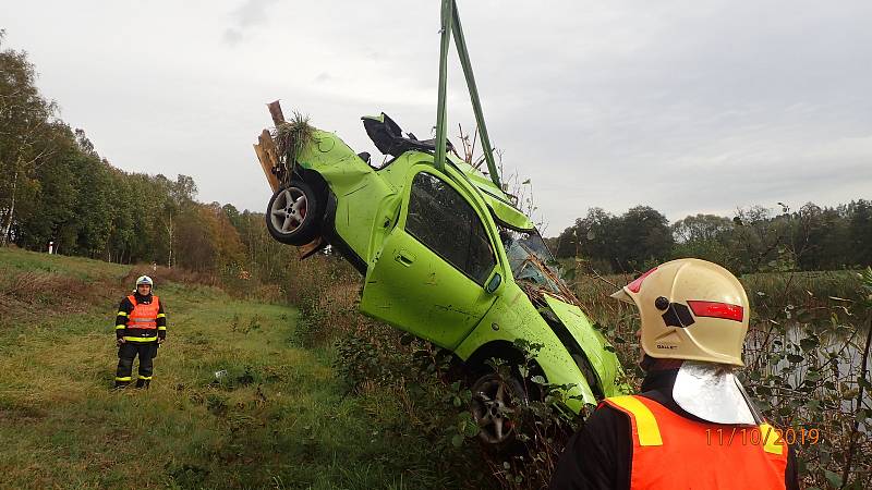 Řidič svůj Opel Tigra  v barvě rosničky zaparkoval do rybníka. Hasiči obdivovali, jak rafinovaně se podařilo sladit havarovaný vůz s rákosím a vodním prostředím.