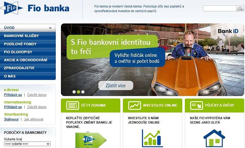 Úvodní stránka webu FIO banky.