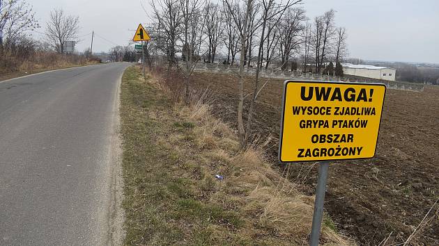 Na příjezdu do polských obcí Równe a Dobieszów řidiče informují značky, že vjíždí do zóny s ohniskem ptačí chřipky. Obě obce leží na česko - polských hranicích. Březen 2022.