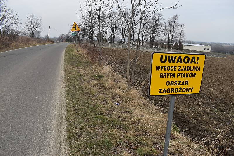 Na příjezdu do polských obcí Równe a Dobieszów řidiče informují značky, že vjíždí do zóny s ohniskem ptačí chřipky. Obě obce leží na česko - polských hranicích. Březen 2022.