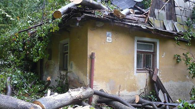 Rodinný dům má po pádu vzrostlého stromu zcela zdemolovanou střechu.