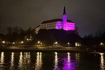 Zámek nasvícen fialovým osvětlením při příležitosti Mezinárodního dne epilepsie.
