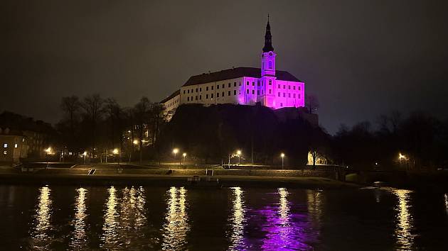 Zámek nasvícen fialovým osvětlením při příležitosti Mezinárodního dne epilepsie.