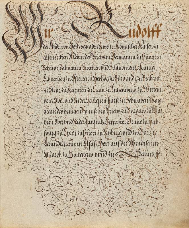 Neznámý rudolfínský mistr kaligrafie: Nobilitační spis Eliase Schmidtgrabnera von Listenegg, rok 1594 (soukromá sbírka v ČR)