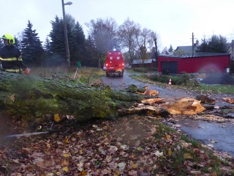  Vítr značně poškodil mohutný strom na Sněžníku. Na místo vyjeli místní hasiči a strážníci.