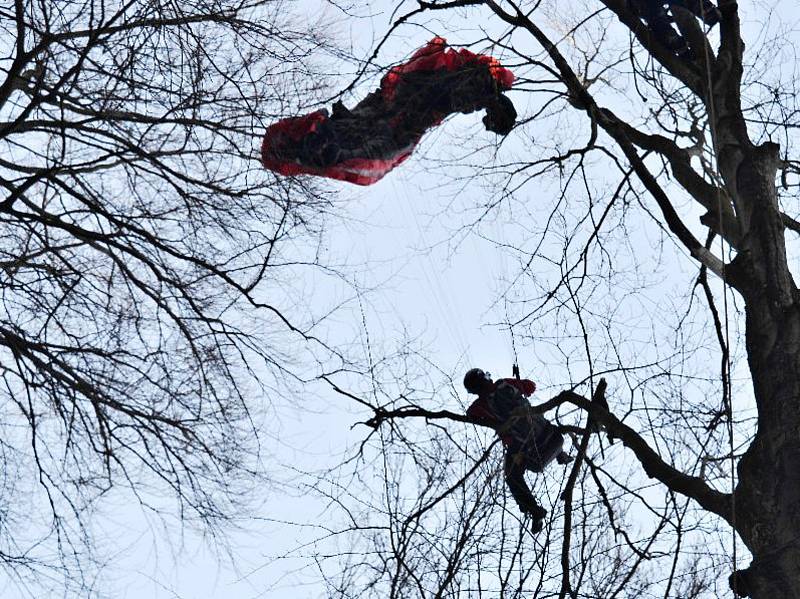 Paraglidista uvízl v Jílovém na stromě.