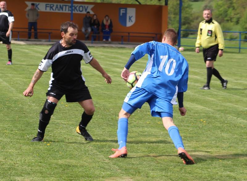 JASNÁ VÝHRA. Fotbalisté České Kamenice B (modrá) vyhráli 5:1 ve Františkově.