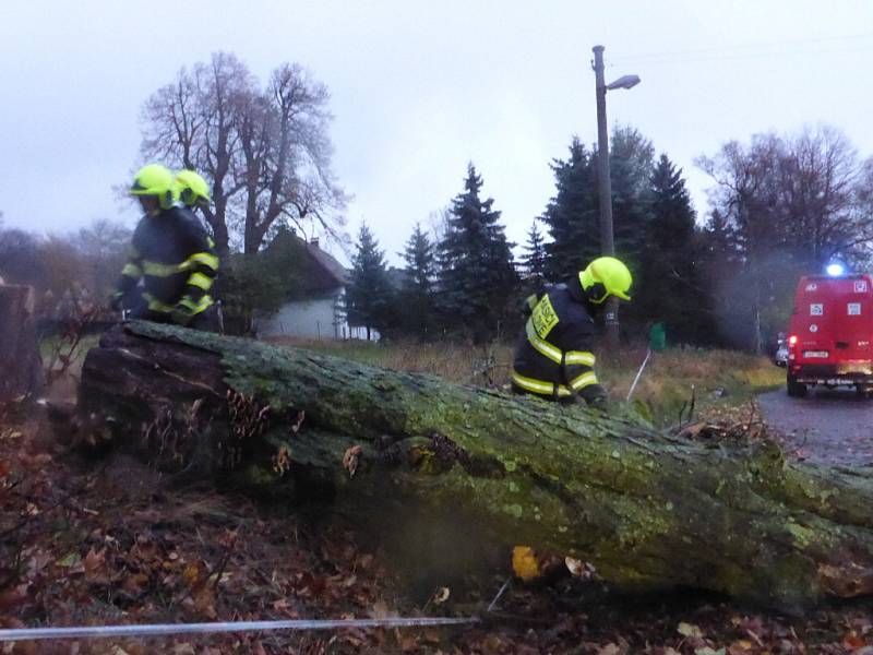  Vítr značně poškodil mohutný strom na Sněžníku. Na místo vyjeli místní hasiči a strážníci.