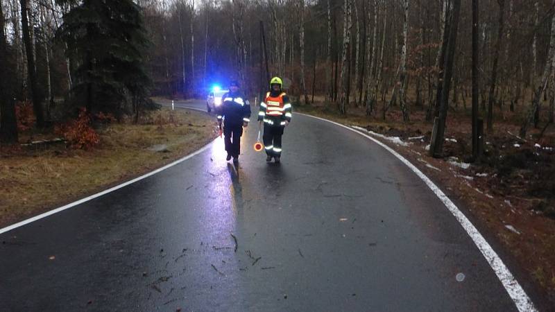 Strom nebezpečně visel na telefonních drátech, hrozilo, že spadne na silnici vedoucí na Sněžník.