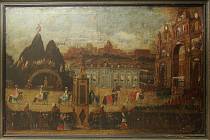 Slavnostní průvod pod fantaskní architekturou a mýtickou horou Parnásos, obraz: neznámý autor, činný na přelomu 17. a 18. století