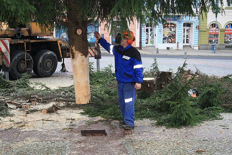 Stavění vánočního stromu na Masarykově náměstí v Děčíně.