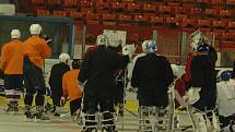 MEDVĚDI JSOU NA LEDĚ. Hráči HC Děčín polykají první tréninkové jednotky na zimním stadionu.