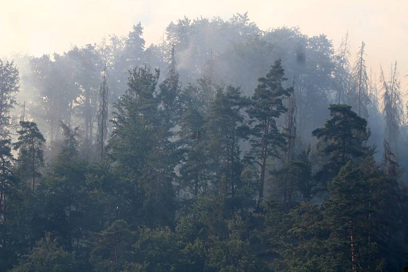Soutěsky ve Hřensku zahalené kouřem z obrovského lesního požáru. Červenec 2022