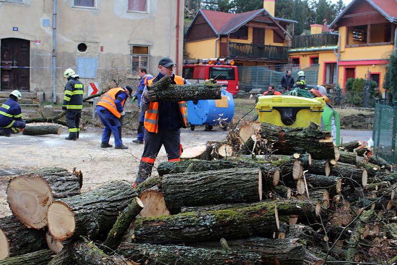 Třicetimetrovou lípu, která se v Bělé opřela o dům, hasiči rozřezali.