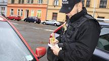 Strážník Městské policie Děčín kontroluje platnost parkovacích karet.