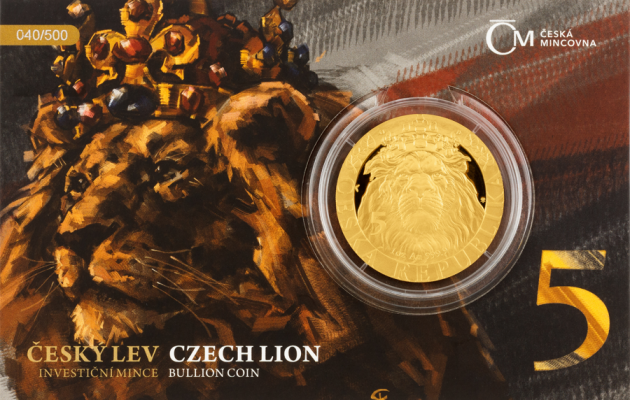 Investiční mince Český lev 2022 s váhou 1 Oz zlata ražená k pětiletému výročí