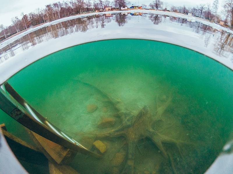 Pohled pod hladinu Kamencového jezera vedle žebříku u posledního mola