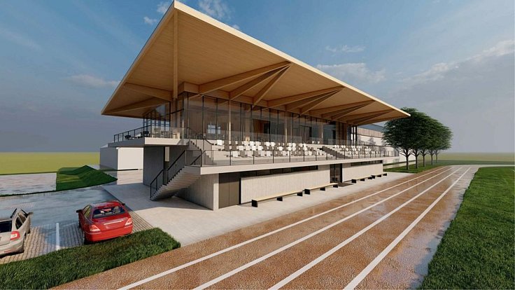 Vizualizace ukazuje, jak by mohlo vypadat nové zázemí atletického a fotbalového stadionu v Klášterci nad Ohří. Studii si nechala zpracovat radnice.