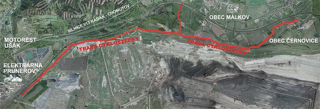 Plánek plánované cyklostezky z Prunéřova do Černovic.  Plnou čarou je vyznačena cyklostezka, přerušovanou cyklotrasa.