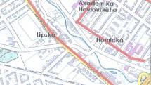 Mapa znázorňující ulice, kde je zakázán provoz výherních hracích automatů (vymezené červenou linkou)